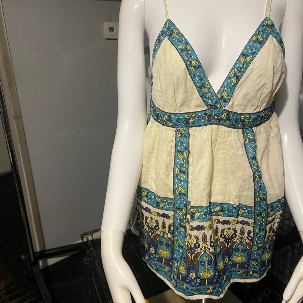 Boho Cream and Blue Sleeveless Top